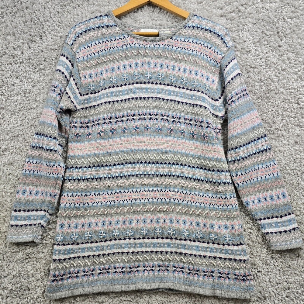 Vintage DK Gold Sweater Womens Medium Striped Beaded Knit‎ Pullover Cottagecore